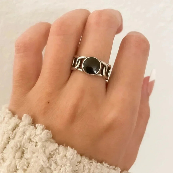 925 Sterling Silver Black Circle Ring Curb Link Ring Chain Link Ring Modern Ring - Picture 2 of 9